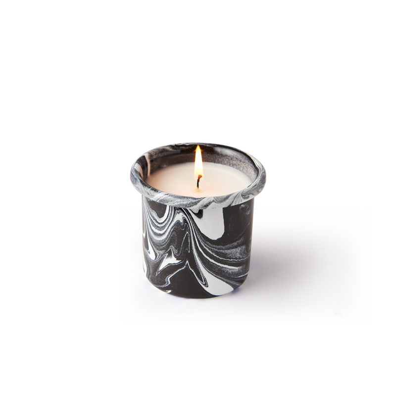 Oud Wood Candle in Black Marble Enamelware Container