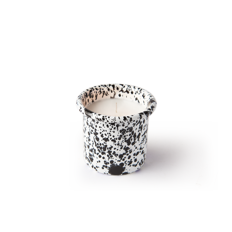 Wood Sage Candle in Black Splatter on White Enamelware Container