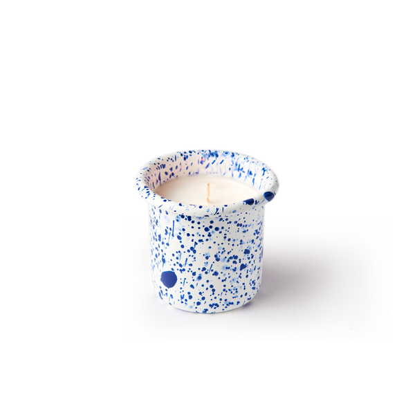 Orange Blossom Candle in Blue on White Splatter Enamelware Container