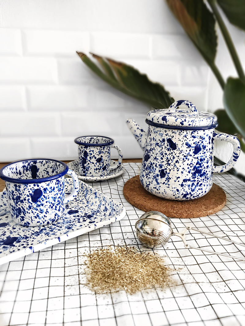 Mediterranean Tea Pot 1000cc Blue Splatter on White